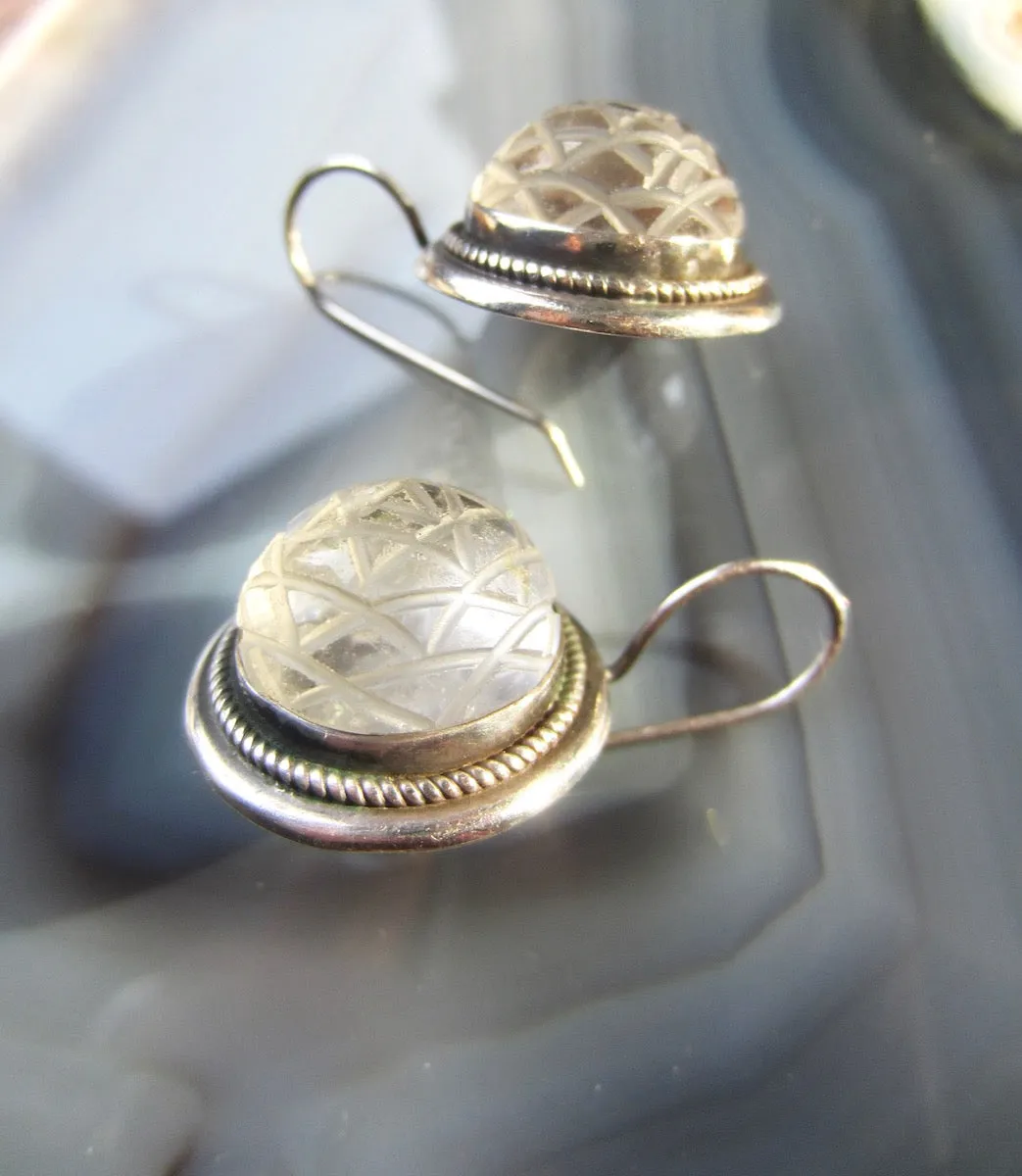 One of a Kind Silver Engraved Rock Crystal Yantra Earrings from the Himalayas