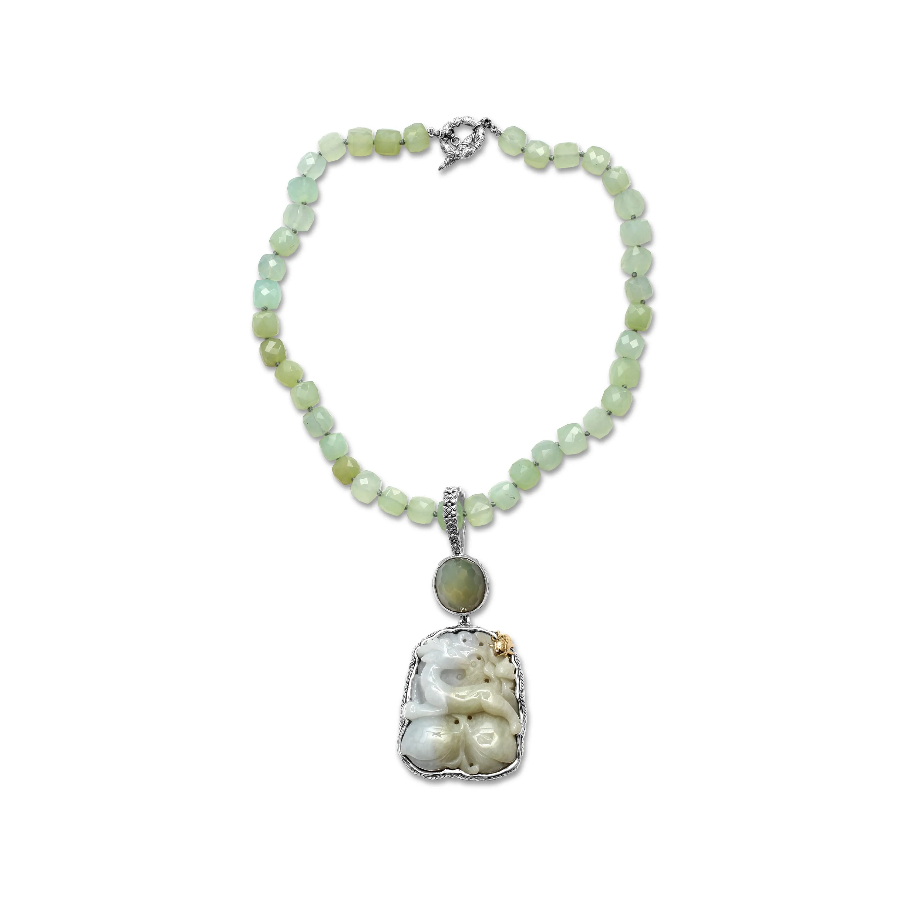 One of a Kind Vintage Hand Carved Jade Faceted Moonstone and Chalcedony Pendant in Sterling Silver with 18K Gold Adam