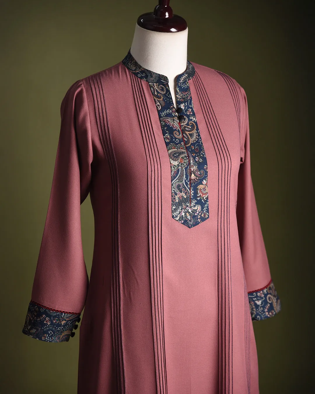 Onion Pink Winter Wear Wool Spun Blend Embroidered Ready To Wear Kurta With Pant