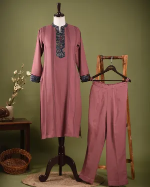 Onion Pink Winter Wear Wool Spun Blend Embroidered Ready To Wear Kurta With Pant