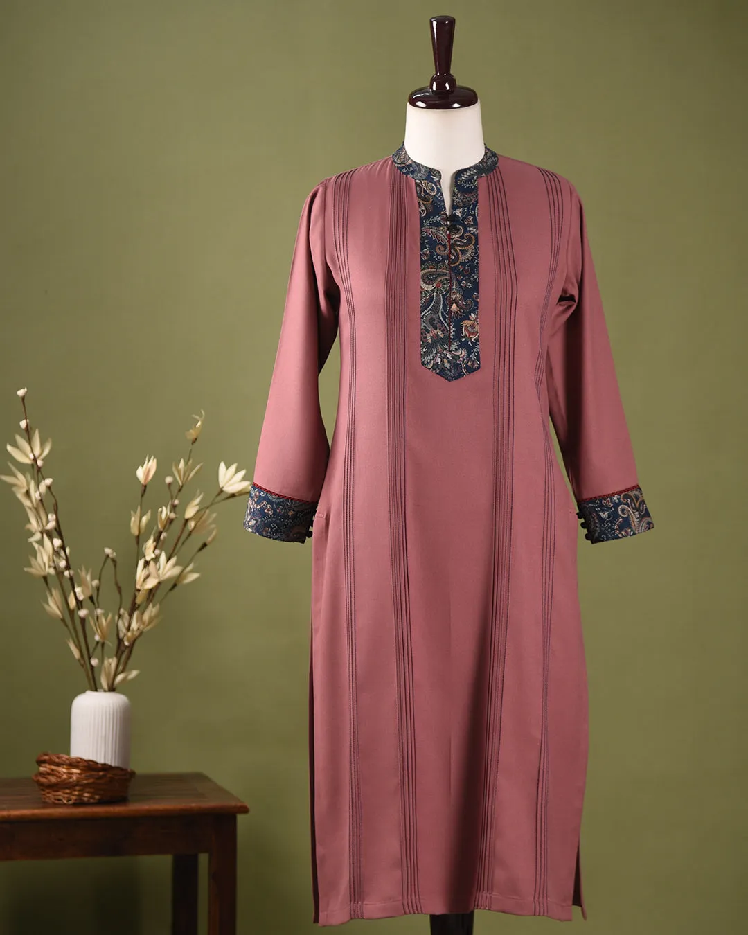 Onion Pink Winter Wear Wool Spun Blend Embroidered Ready To Wear Kurta With Pant