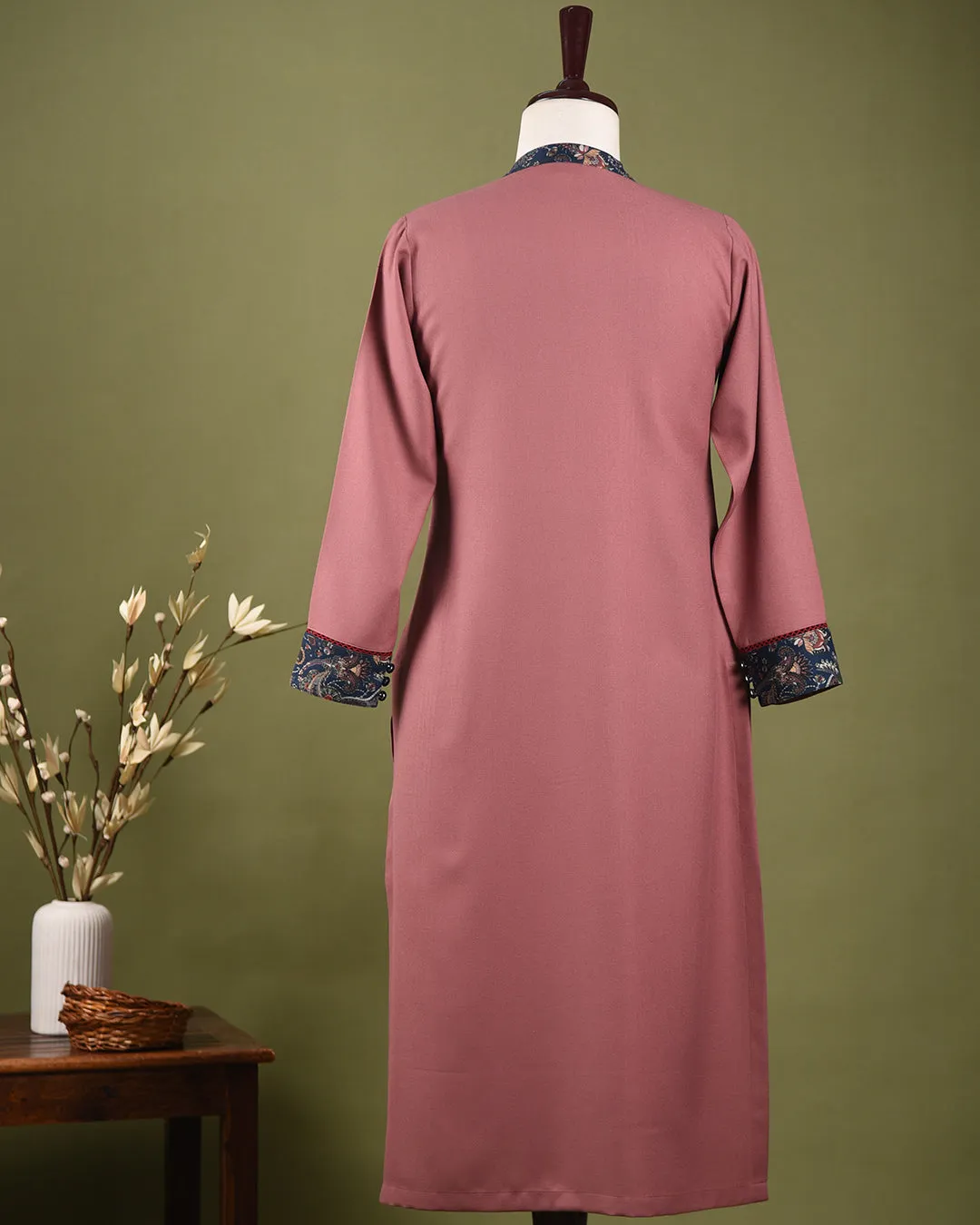 Onion Pink Winter Wear Wool Spun Blend Embroidered Ready To Wear Kurta With Pant