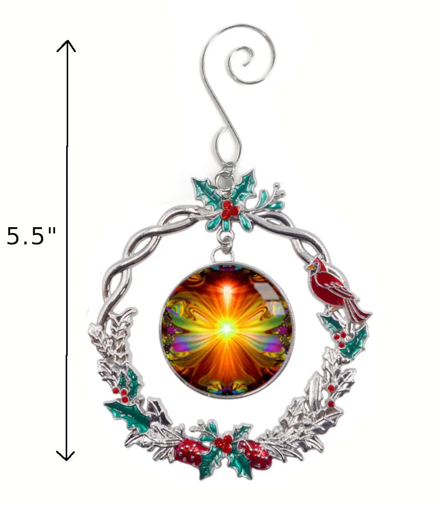 Orange Starburst Art Christmas Ornament, Metal Wreath with Hollies and Cardinal - "Light Being"