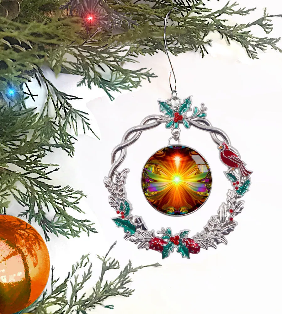 Orange Starburst Art Christmas Ornament, Metal Wreath with Hollies and Cardinal - "Light Being"