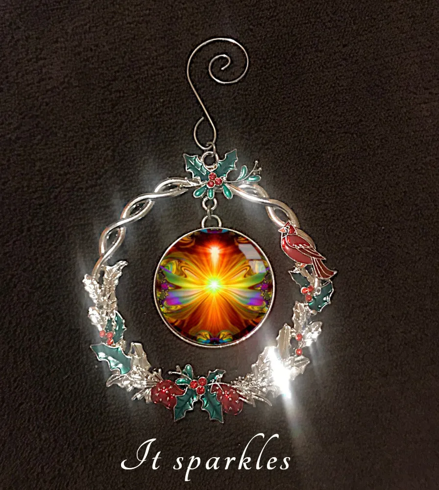 Orange Starburst Art Christmas Ornament, Metal Wreath with Hollies and Cardinal - "Light Being"