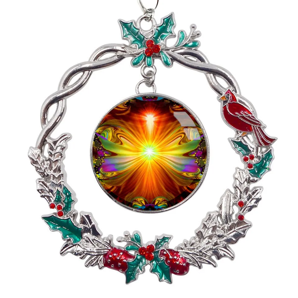Orange Starburst Art Christmas Ornament, Metal Wreath with Hollies and Cardinal - "Light Being"