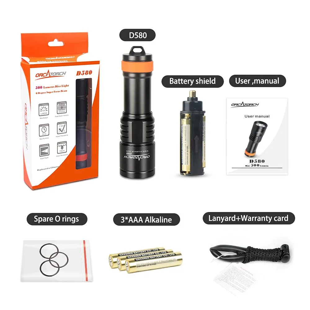 ORCATORCH D580 Scuba Dive Light, Max 530 Lumens Underwater Flashlight with 6 Degrees Narrow Beam, IP68 Waterproof Twist Switch Night Dive Torch, 3 AAA Batteries Included