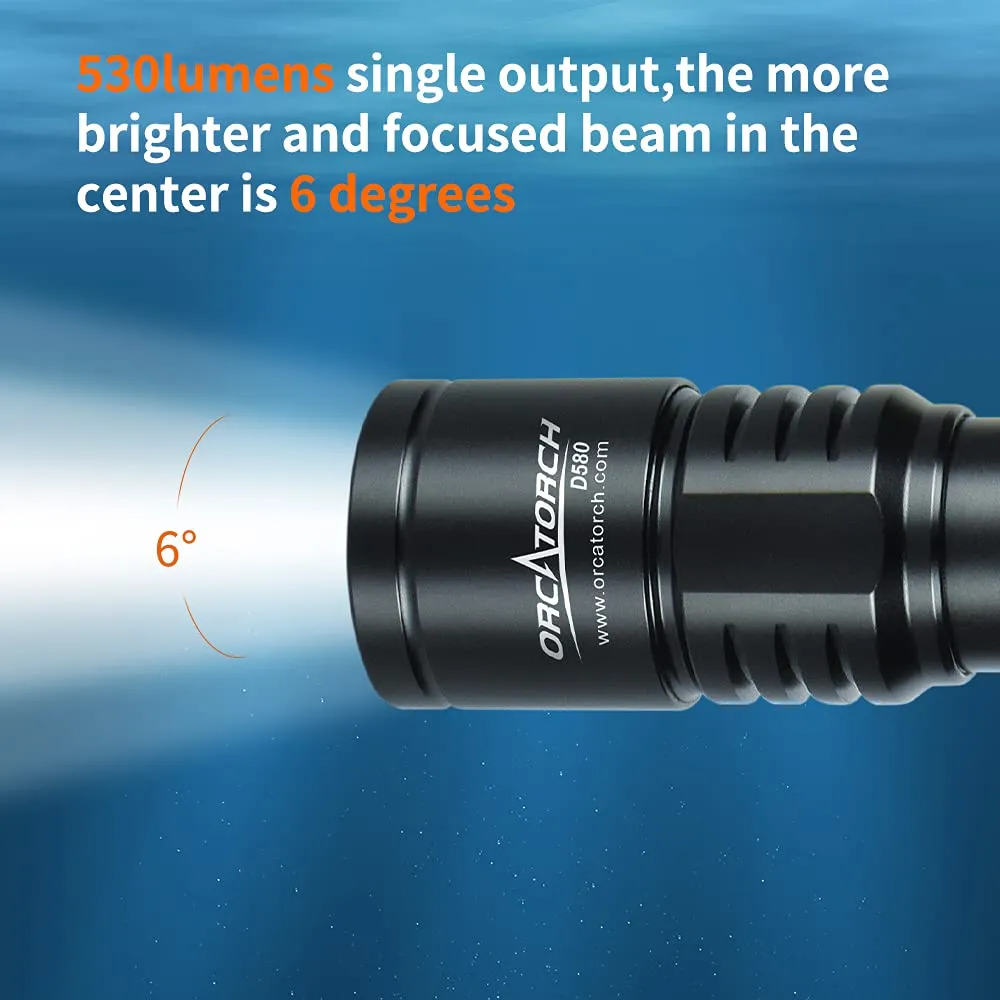 ORCATORCH D580 Scuba Dive Light, Max 530 Lumens Underwater Flashlight with 6 Degrees Narrow Beam, IP68 Waterproof Twist Switch Night Dive Torch, 3 AAA Batteries Included