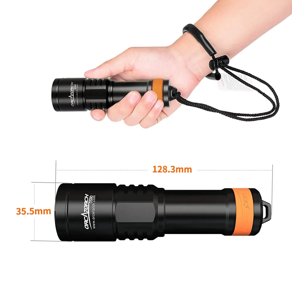 ORCATORCH D580 Scuba Dive Light, Max 530 Lumens Underwater Flashlight with 6 Degrees Narrow Beam, IP68 Waterproof Twist Switch Night Dive Torch, 3 AAA Batteries Included