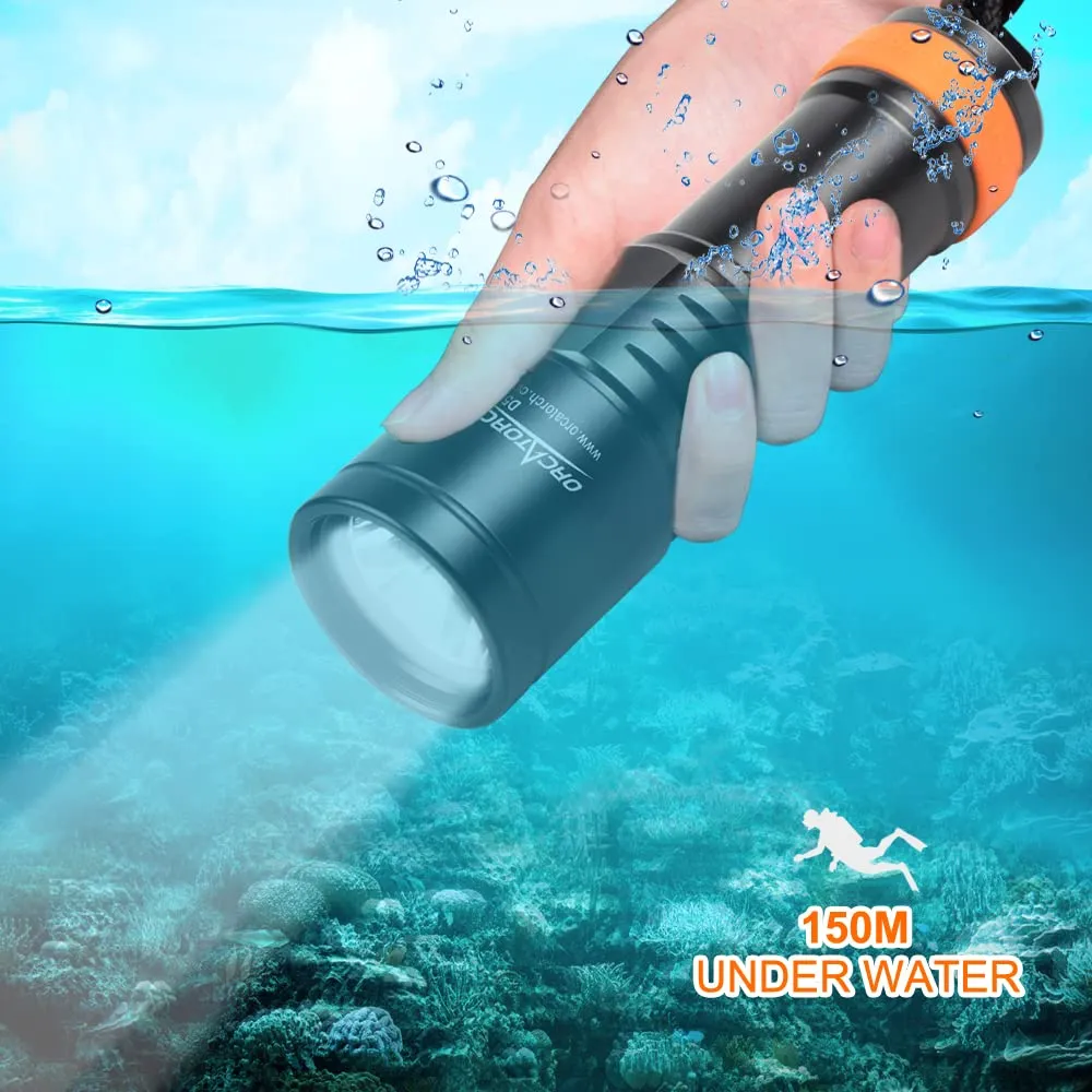 ORCATORCH D580 Scuba Dive Light, Max 530 Lumens Underwater Flashlight with 6 Degrees Narrow Beam, IP68 Waterproof Twist Switch Night Dive Torch, 3 AAA Batteries Included