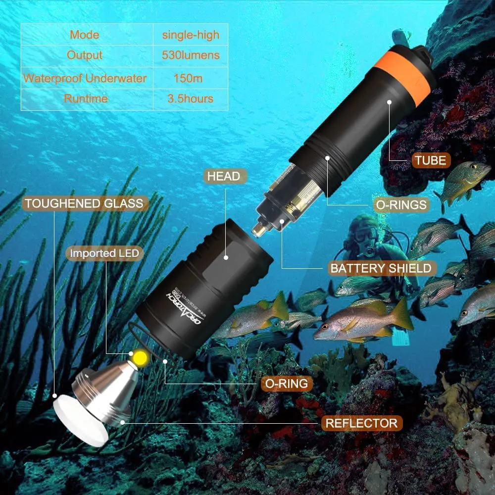 ORCATORCH D580 Scuba Dive Light, Max 530 Lumens Underwater Flashlight with 6 Degrees Narrow Beam, IP68 Waterproof Twist Switch Night Dive Torch, 3 AAA Batteries Included