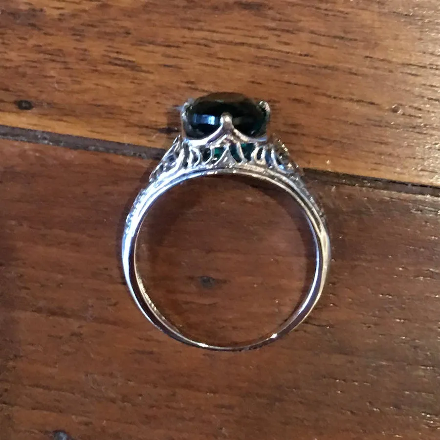 Oval Emerald Colored Quartz in Edwardian Style Sterling Silver Ring