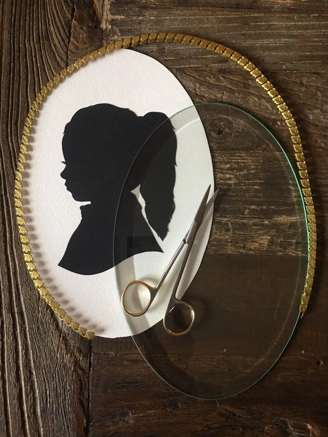 Oval Framed Custom Hand Cut Silhouette Art  -  Beveled Glass framed Silhouette Keepsake