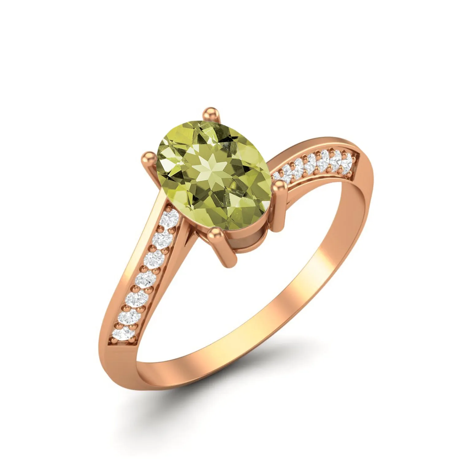 Oval Shaped Lemon Quartz Solitaire Ring Art Deco Bridal Ring