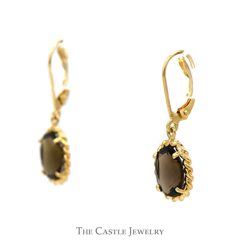 Oval Smoky Quartz Dangle Style Earrings With Lever Backs In 14KT Yellow Gold