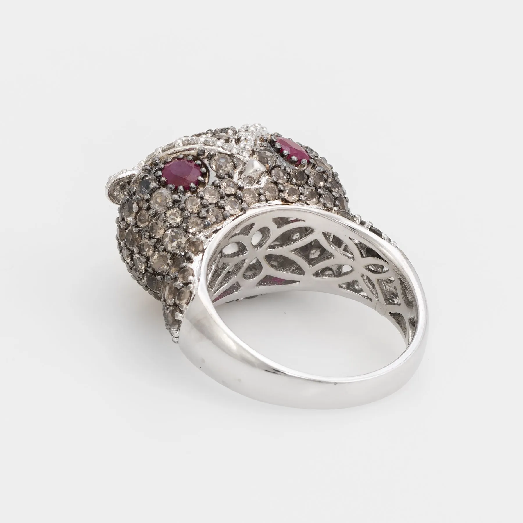 Owl Cocktail Ring Estate 18k White Gold Diamond Ruby Quartz Vintage Jewelry