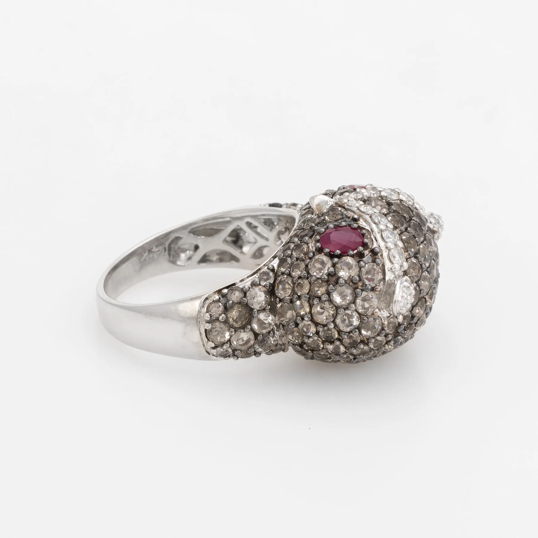 Owl Cocktail Ring Estate 18k White Gold Diamond Ruby Quartz Vintage Jewelry
