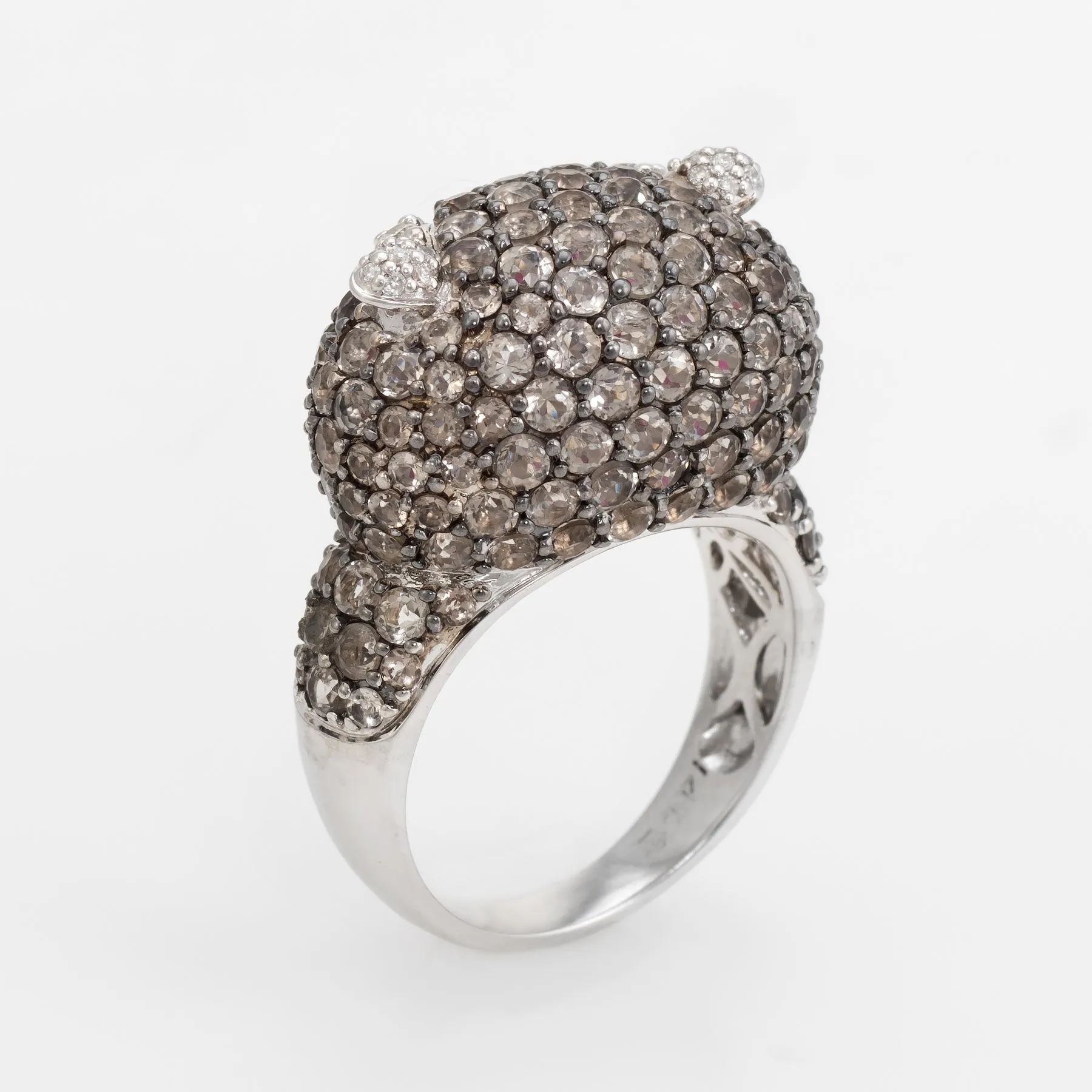 Owl Cocktail Ring Estate 18k White Gold Diamond Ruby Quartz Vintage Jewelry