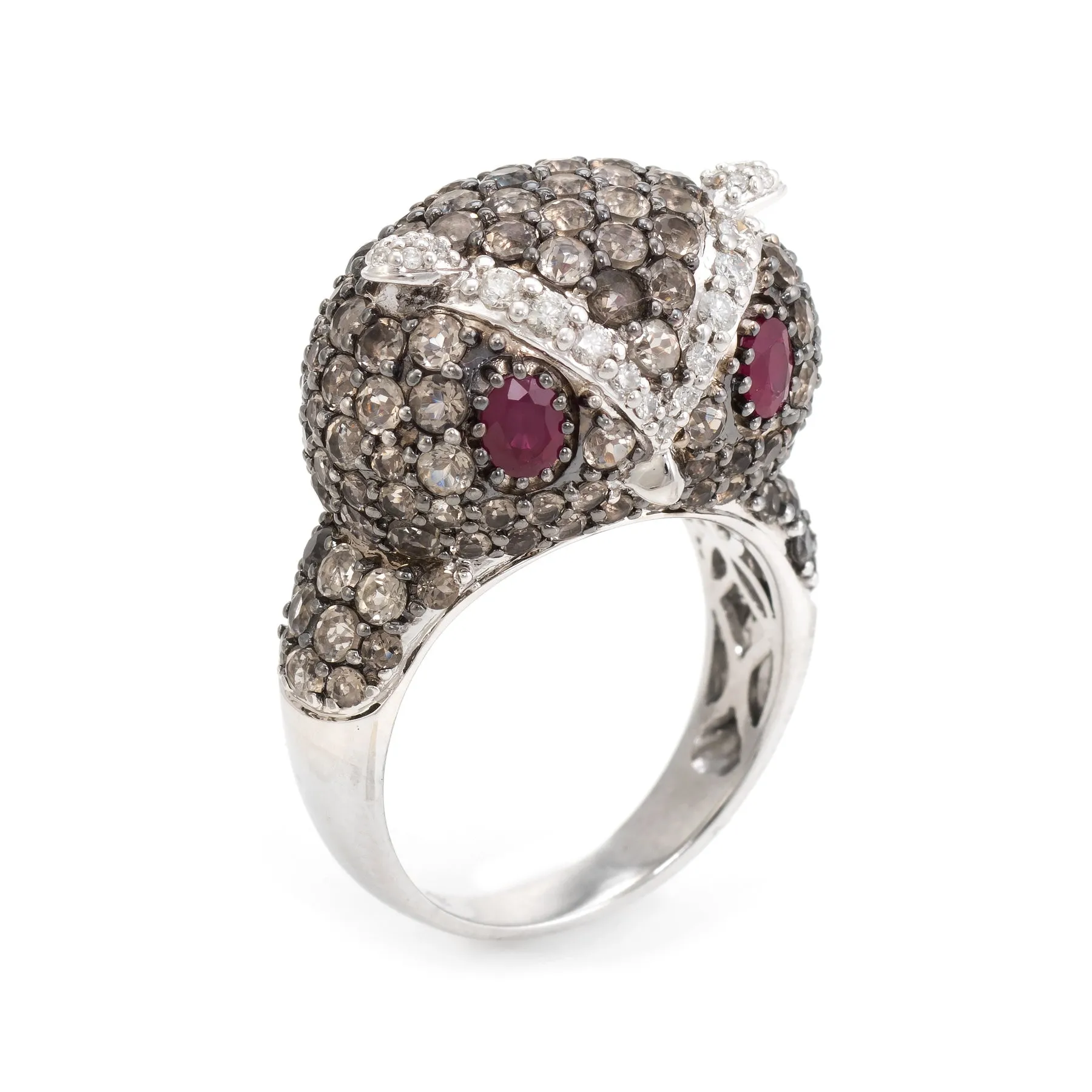 Owl Cocktail Ring Estate 18k White Gold Diamond Ruby Quartz Vintage Jewelry
