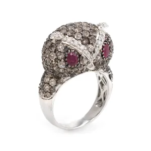 Owl Cocktail Ring Estate 18k White Gold Diamond Ruby Quartz Vintage Jewelry