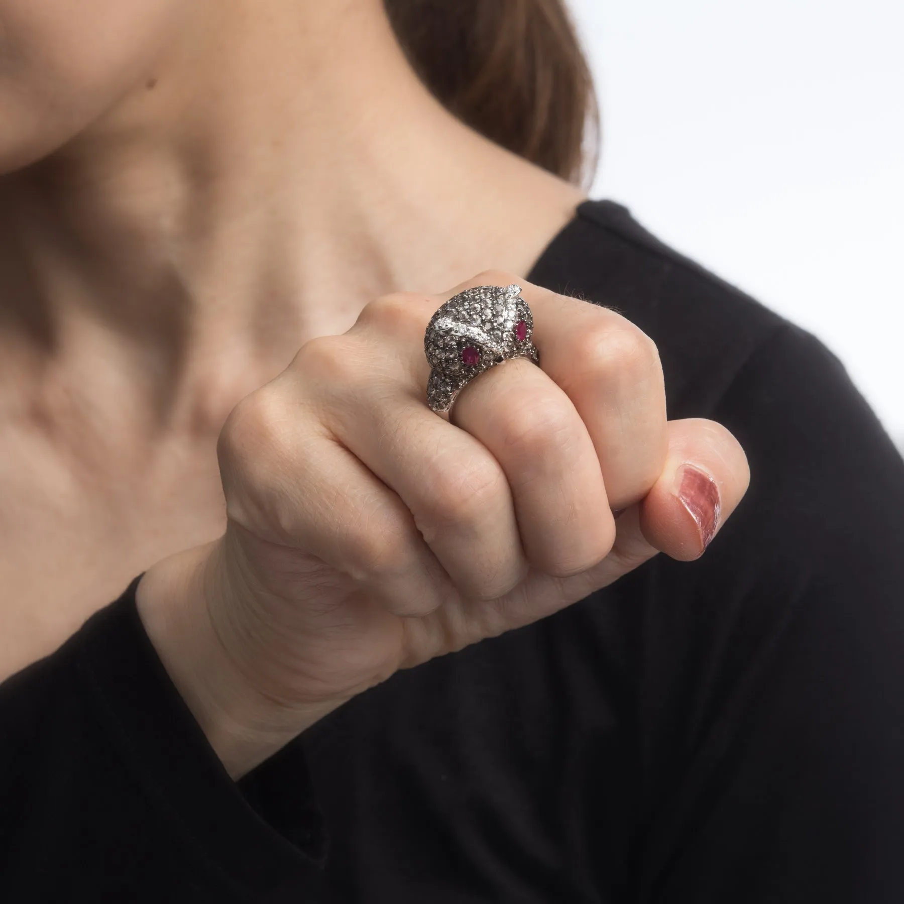 Owl Cocktail Ring Estate 18k White Gold Diamond Ruby Quartz Vintage Jewelry