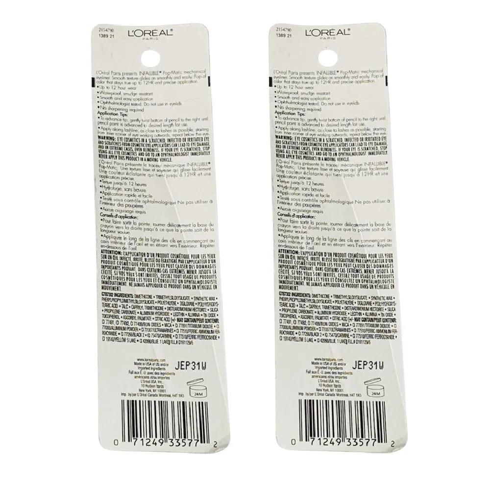 Pack of 2 L'Oreal Paris Infallible Pop-Matic Mechanical Eyeliner, Bright White 519