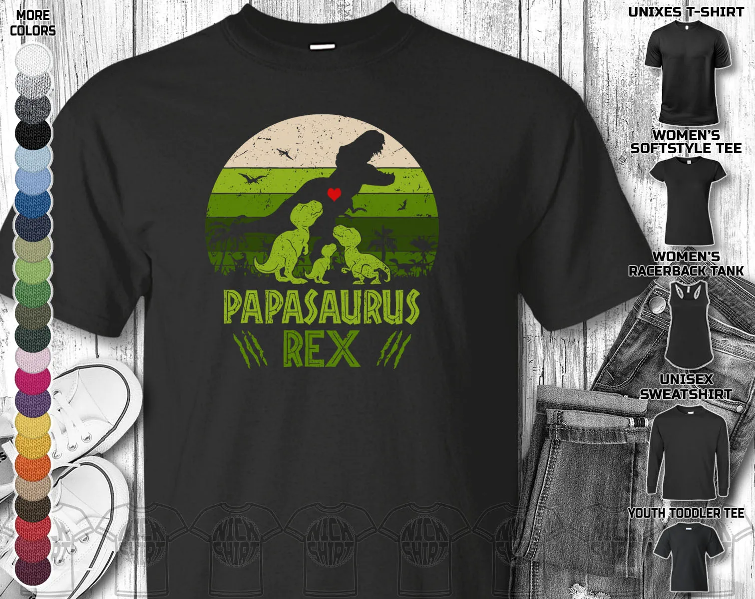 Papasaurus Rex 3 Babies Papa Dad Daddy Fathers Day Trex Dinosaurus Dino Love Heart Family Gift Unisex T-Shirt