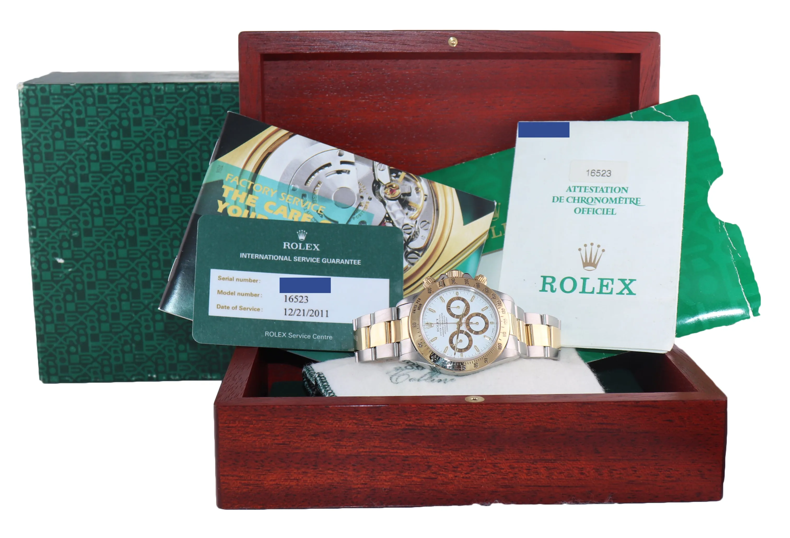 Papers 2011 RSC Rolex Daytona 16523 Zenith White Chrono Two Tone Gold Steel Watc