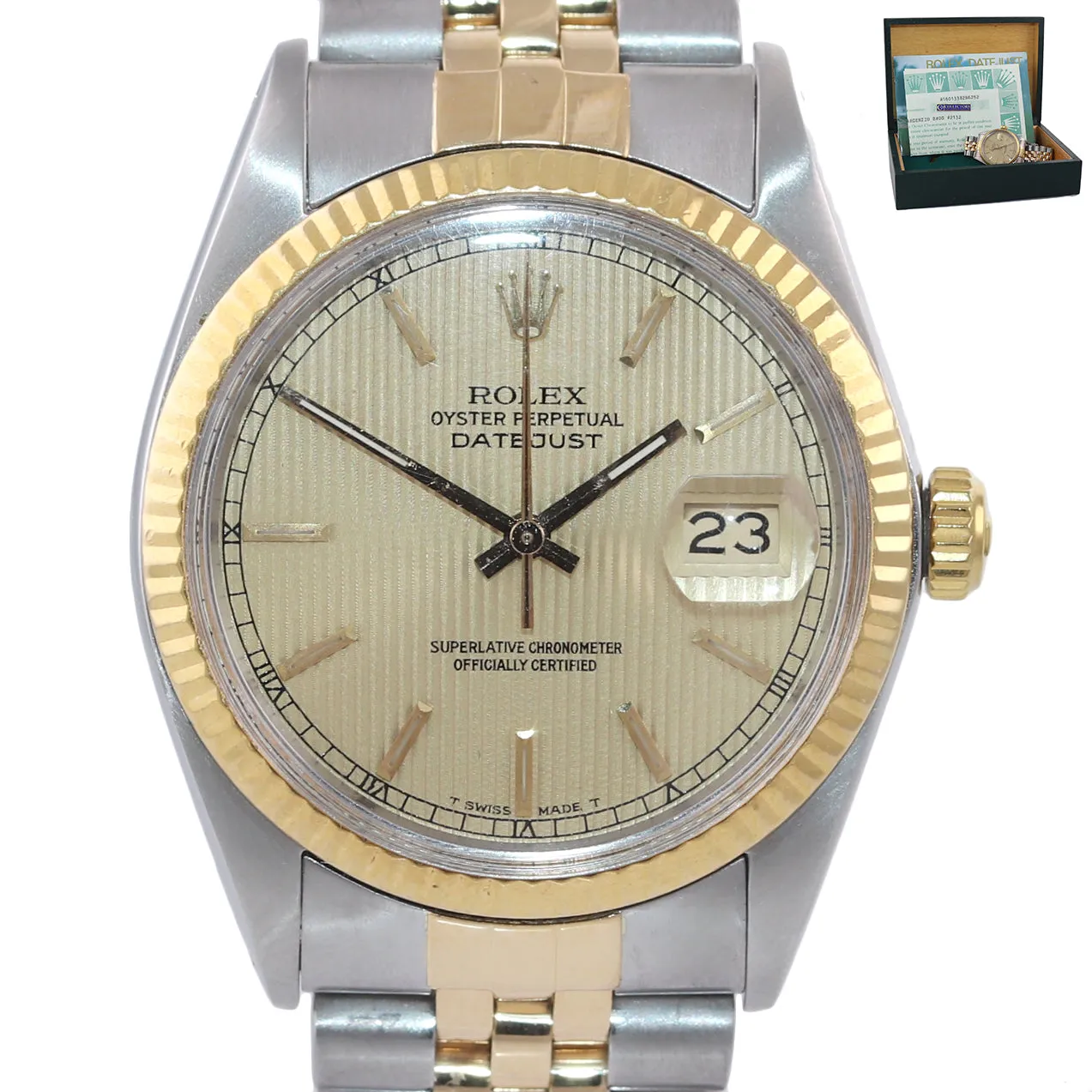 PAPERS Champagne Tapestry Rolex DateJust 16013 Two Tone 18k Yellow Gold Jubilee
