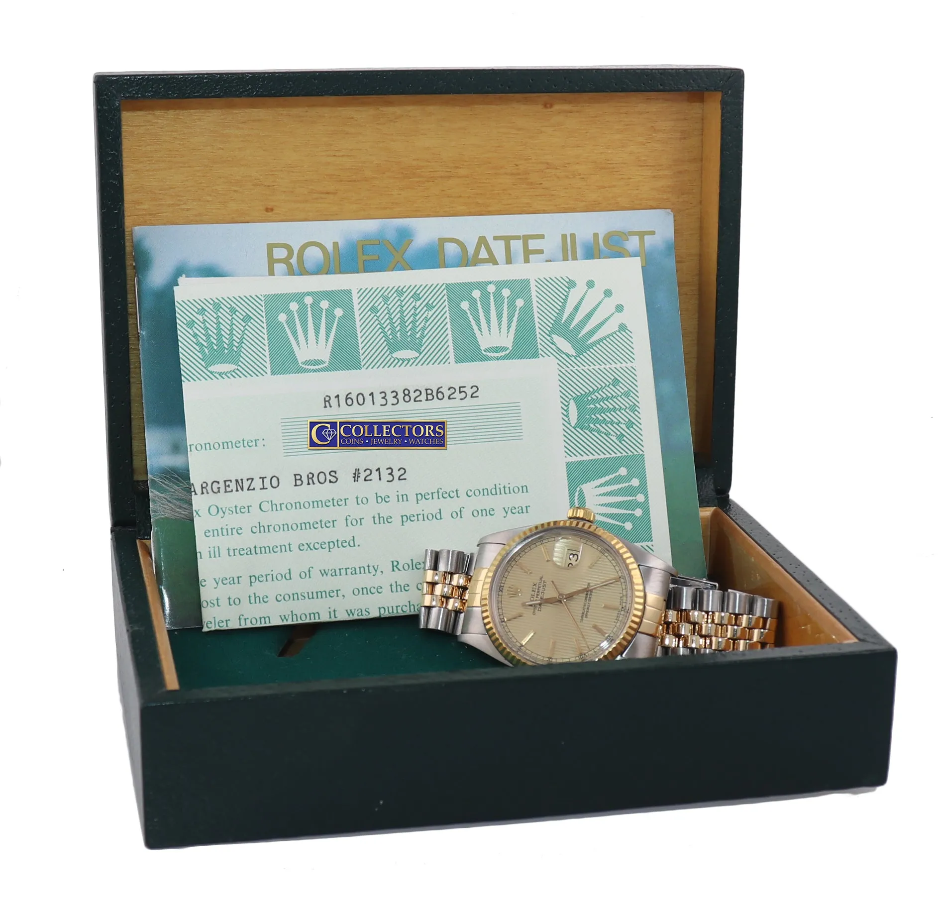 PAPERS Champagne Tapestry Rolex DateJust 16013 Two Tone 18k Yellow Gold Jubilee