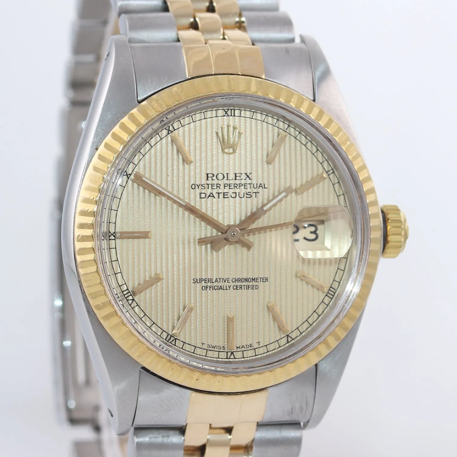 PAPERS Champagne Tapestry Rolex DateJust 16013 Two Tone 18k Yellow Gold Jubilee