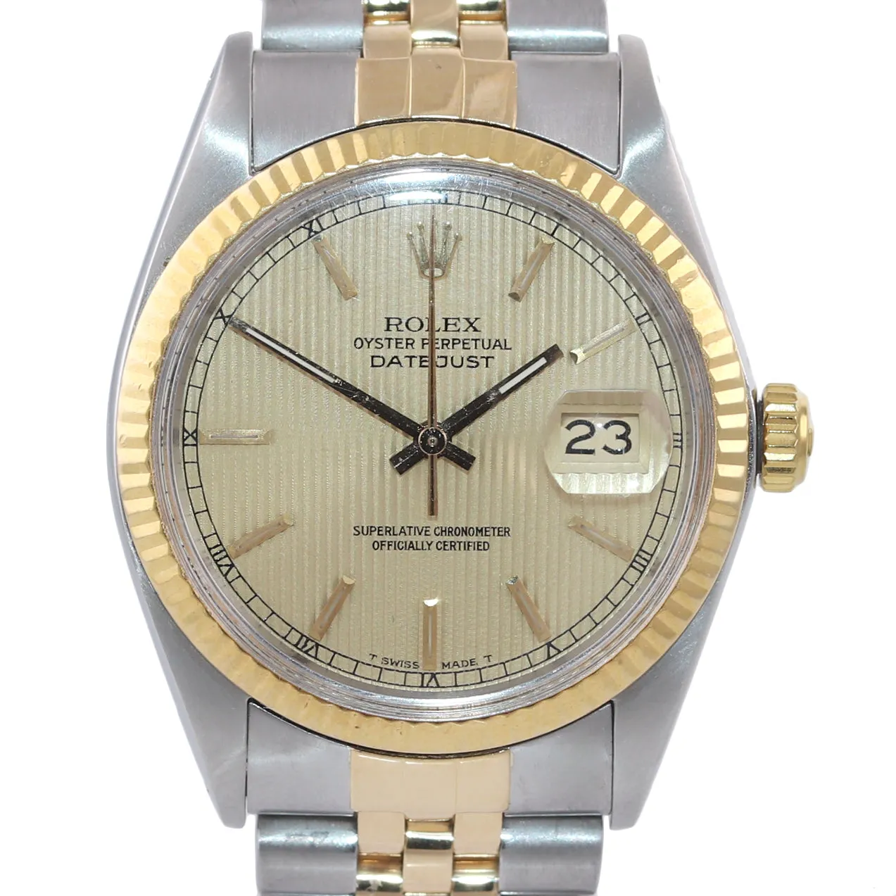 PAPERS Champagne Tapestry Rolex DateJust 16013 Two Tone 18k Yellow Gold Jubilee