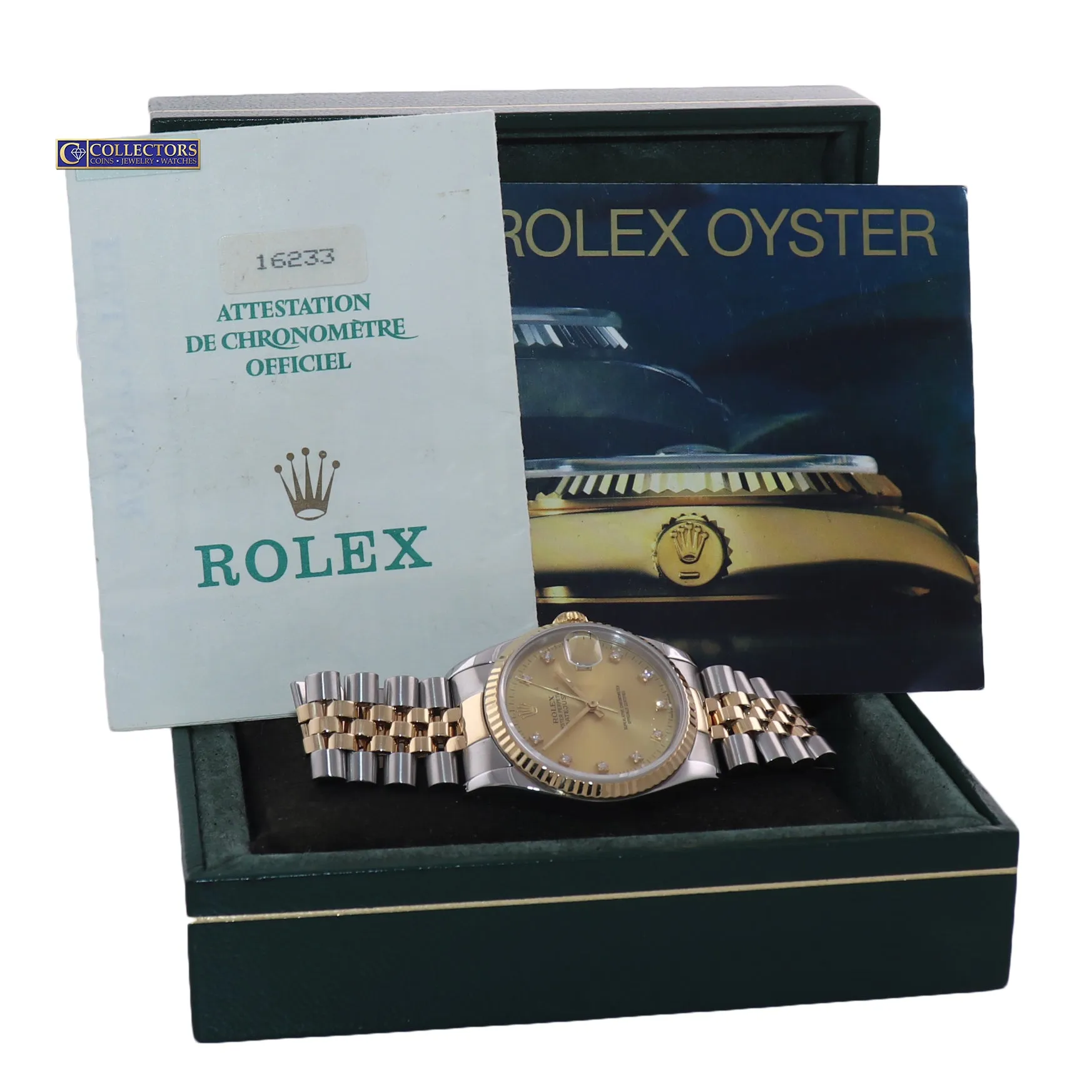 PAPERS Rolex DateJust 36mm 16233 Two Tone 18k Gold Jubilee Champagne Watch Box