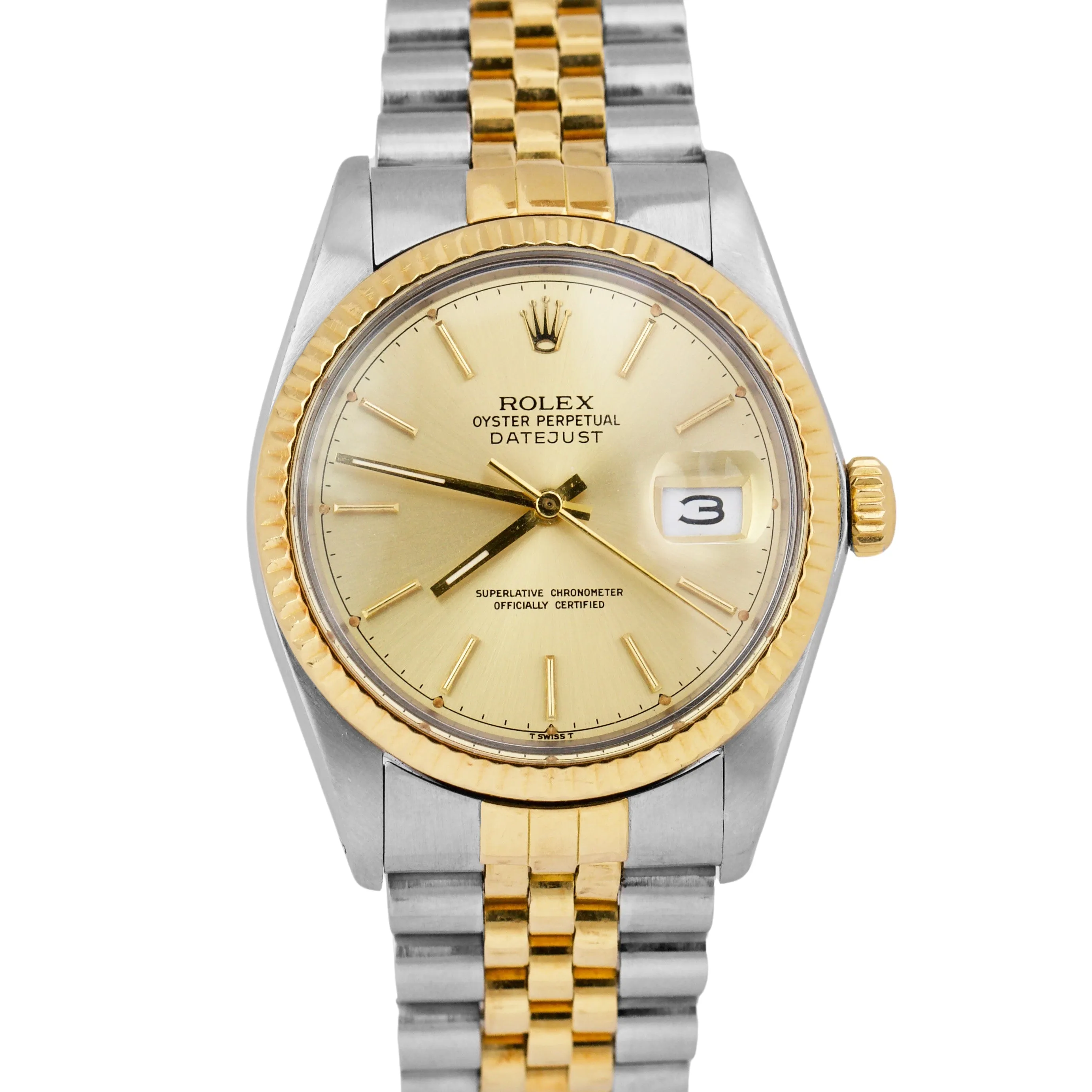 PAPERS Rolex DateJust 36mm Champagne 18K Gold Steel JUBILEE Watch 16013 B P