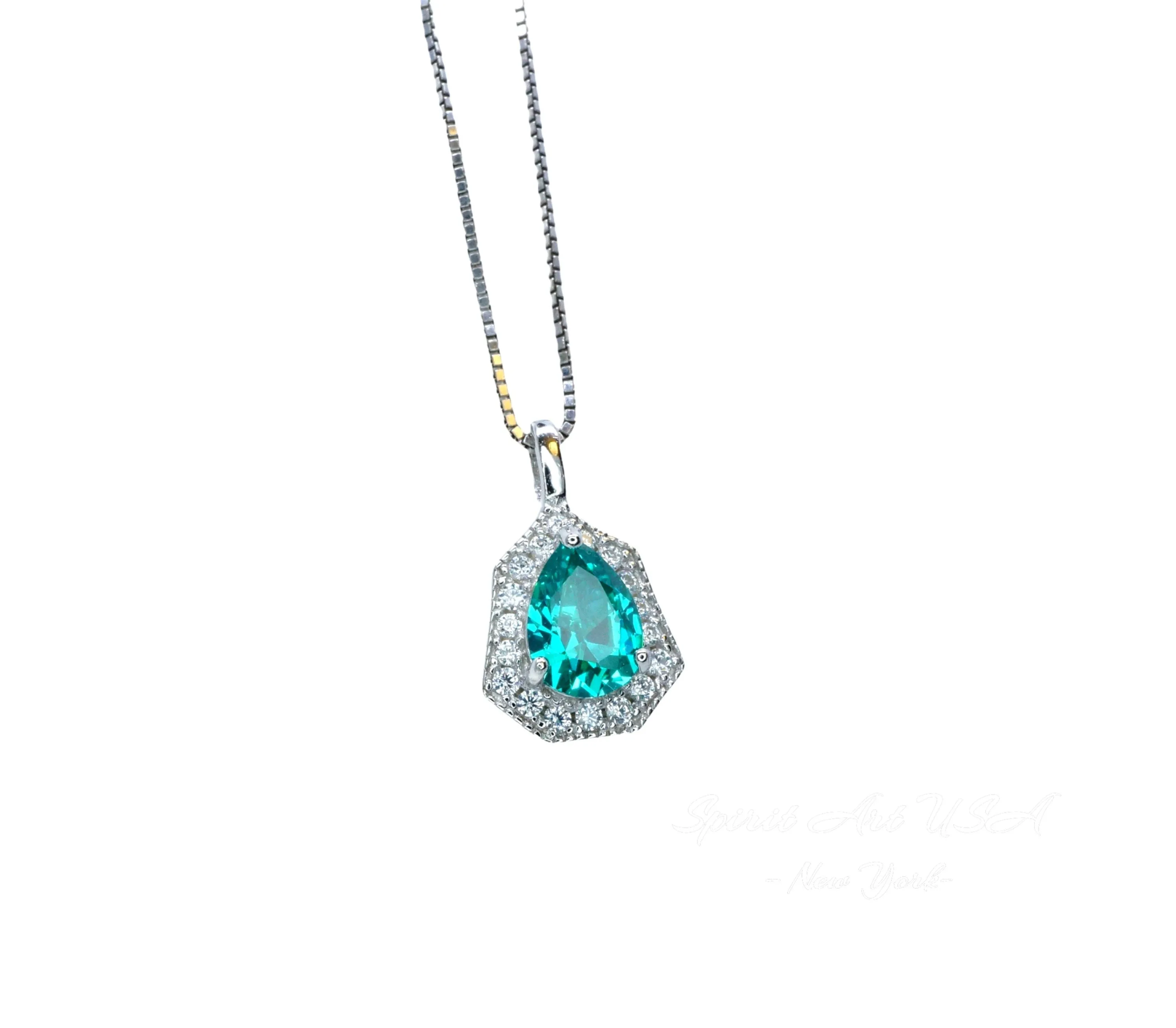 Paraiba Necklace - Minimalist Turquoise color green like blue - paraiba pendant - super tiny,  sterling silver, teardrop pear #312