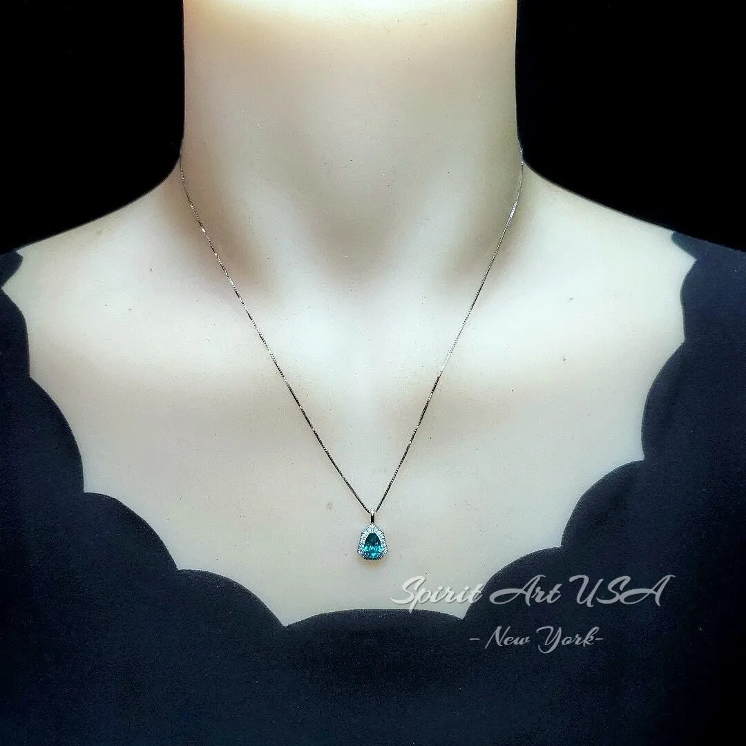 Paraiba Necklace - Minimalist Turquoise color green like blue - paraiba pendant - super tiny,  sterling silver, teardrop pear #312