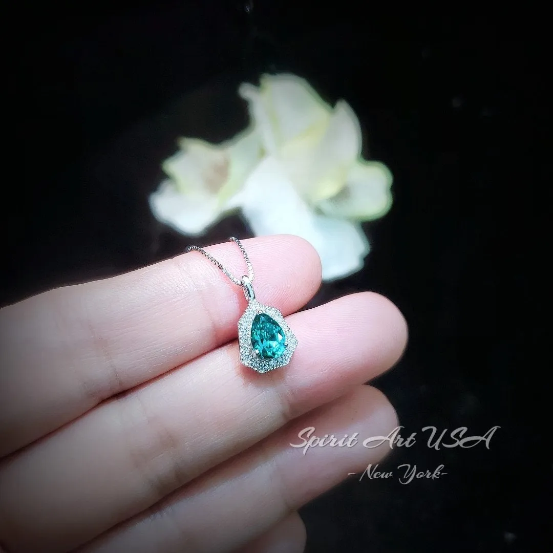Paraiba Necklace - Minimalist Turquoise color green like blue - paraiba pendant - super tiny,  sterling silver, teardrop pear #312