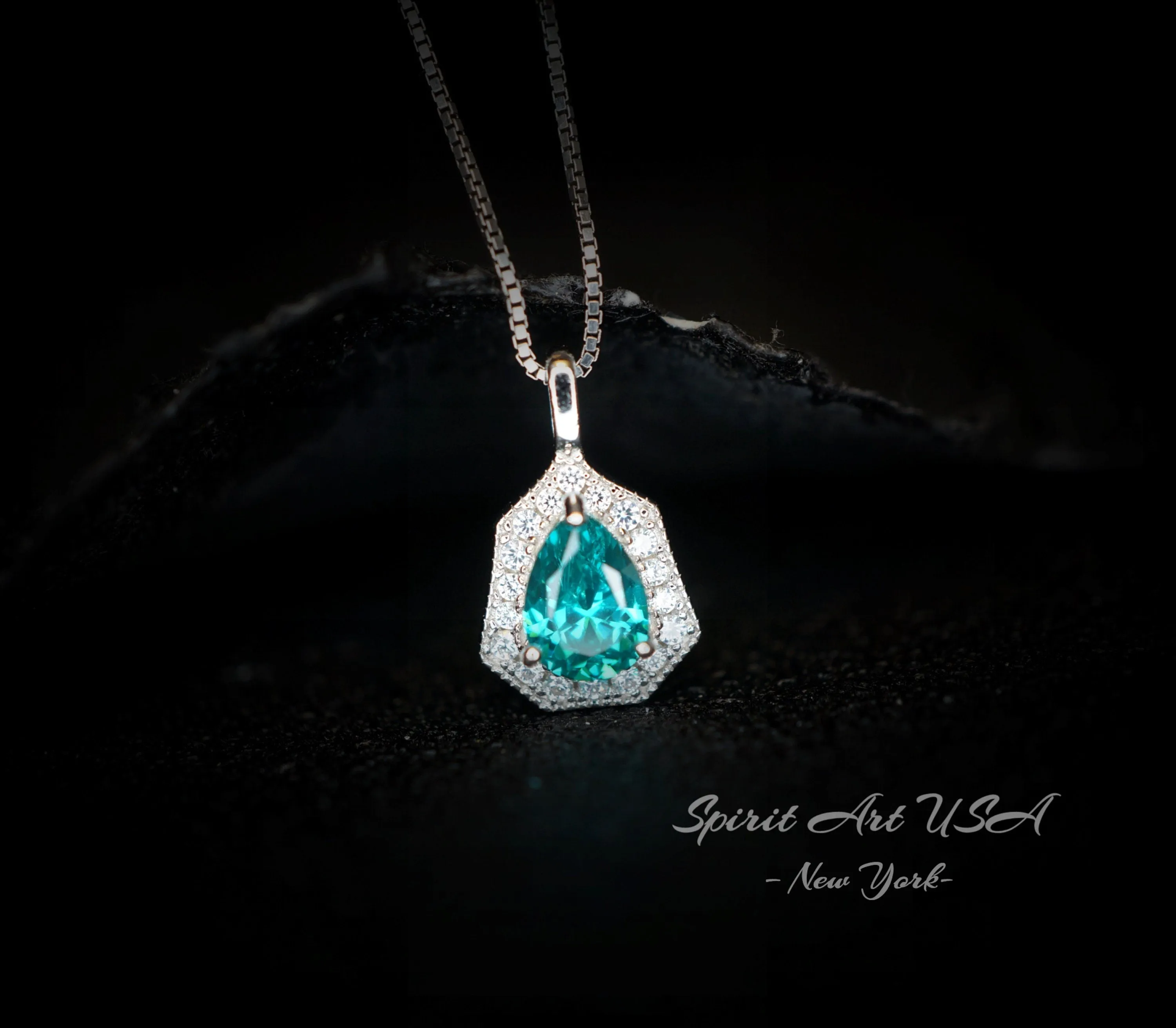 Paraiba Necklace - Minimalist Turquoise color green like blue - paraiba pendant - super tiny,  sterling silver, teardrop pear #312