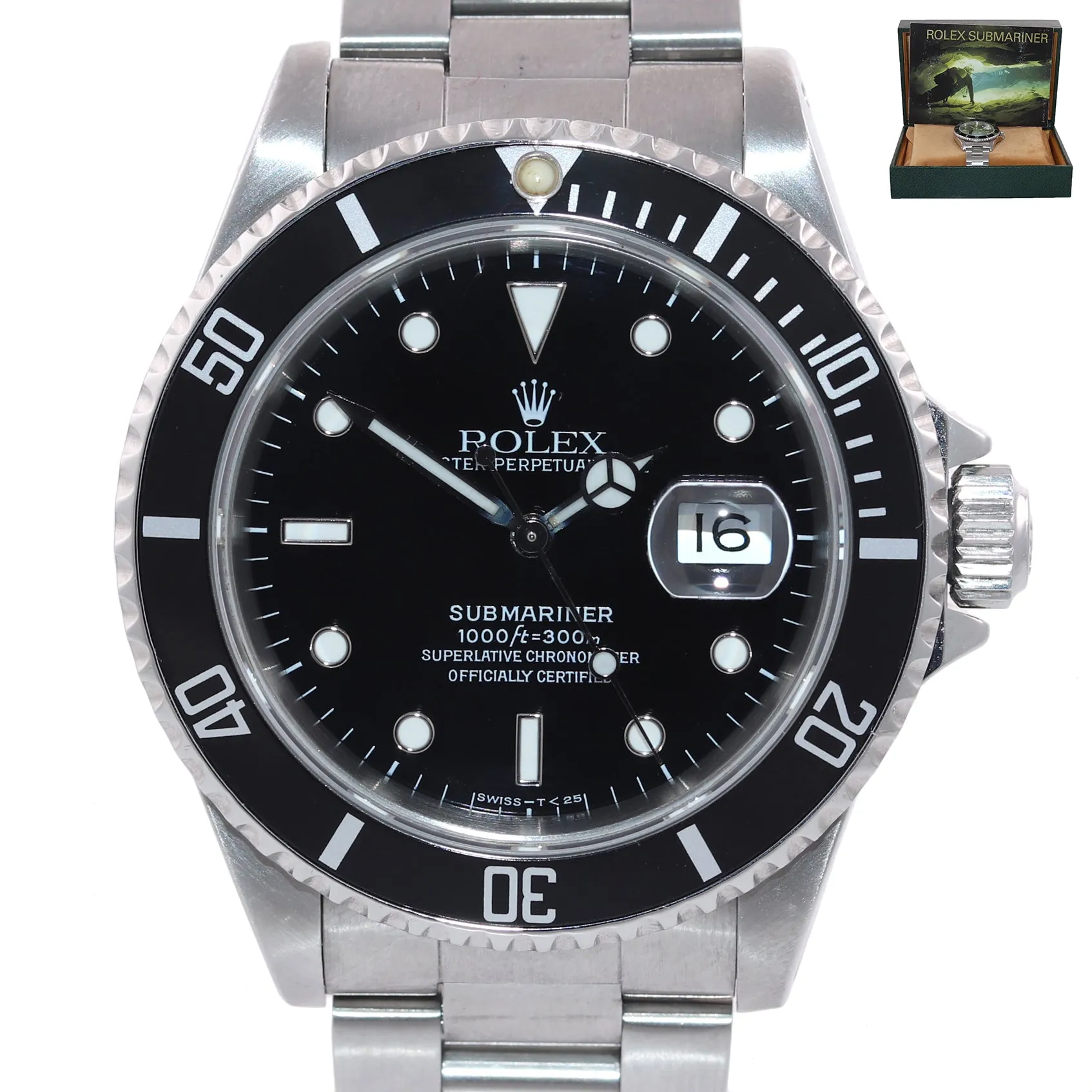 PATINA TRITIUM Rolex Submariner Date 16610 Steel Black 40mm Dive Watch Box