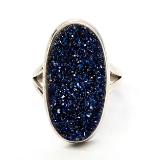 Peacock Druzy Titanium Aura Quartz large sterling silver split shank ring size 7