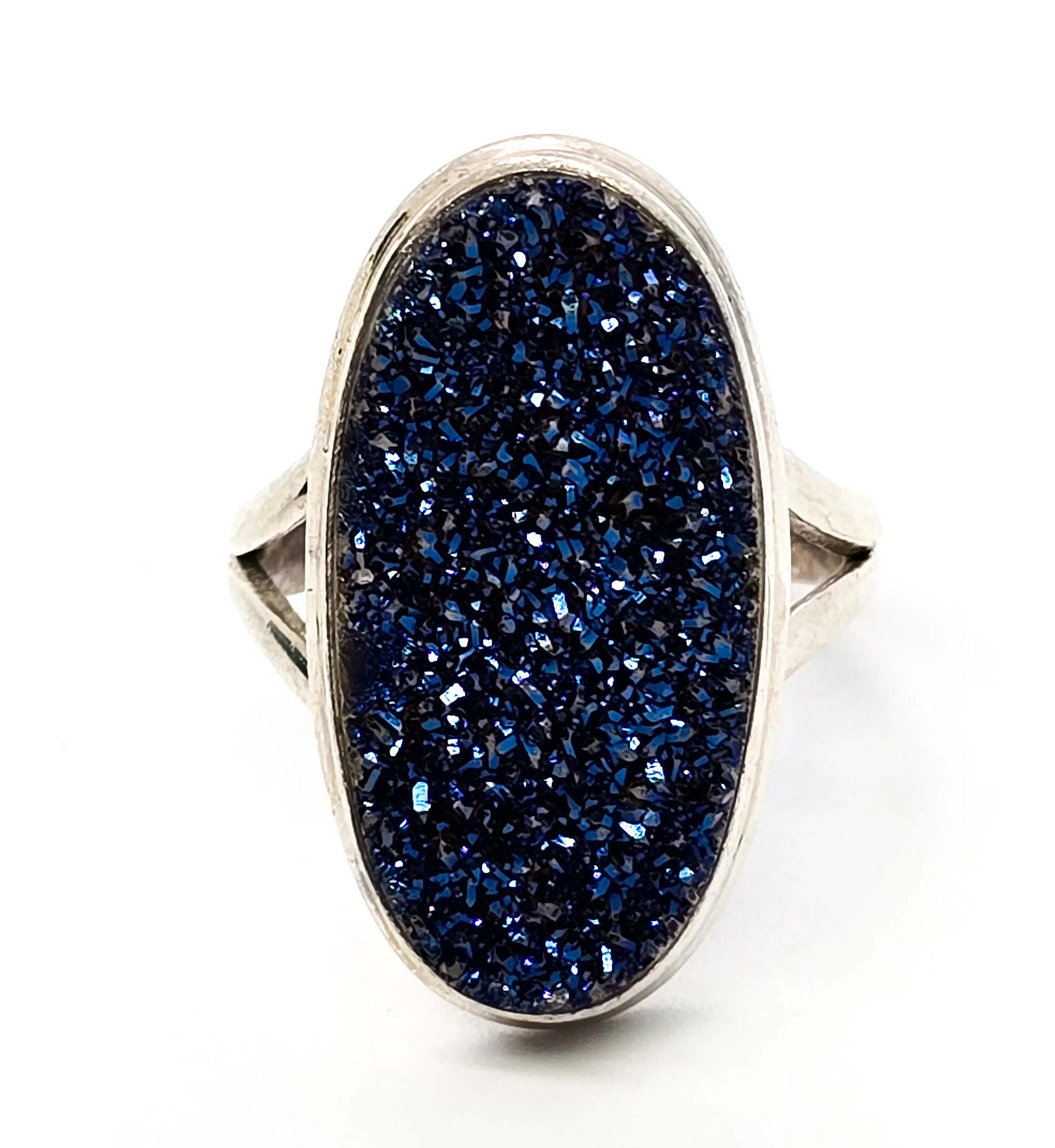 Peacock Druzy Titanium Aura Quartz large sterling silver split shank ring size 7