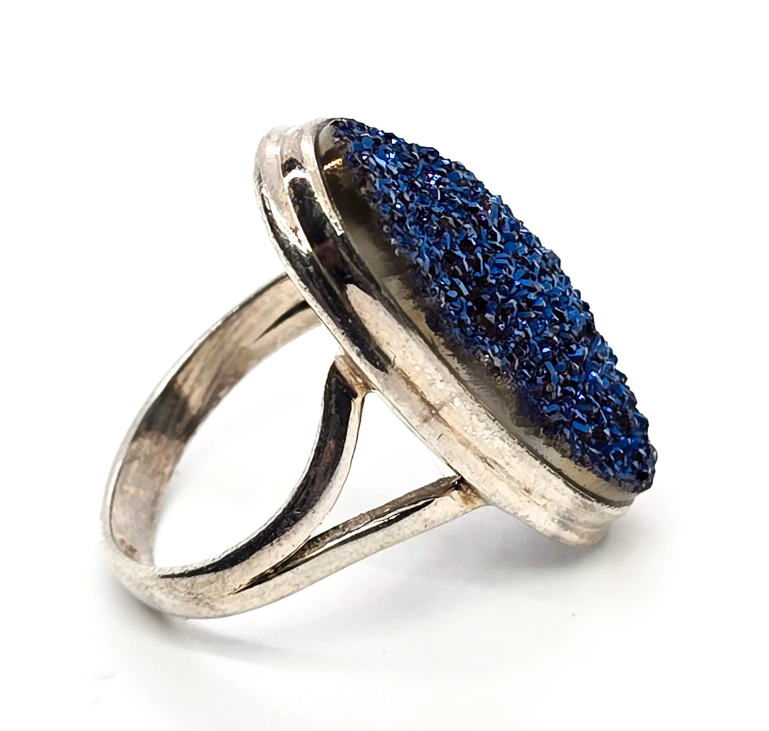 Peacock Druzy Titanium Aura Quartz large sterling silver split shank ring size 7