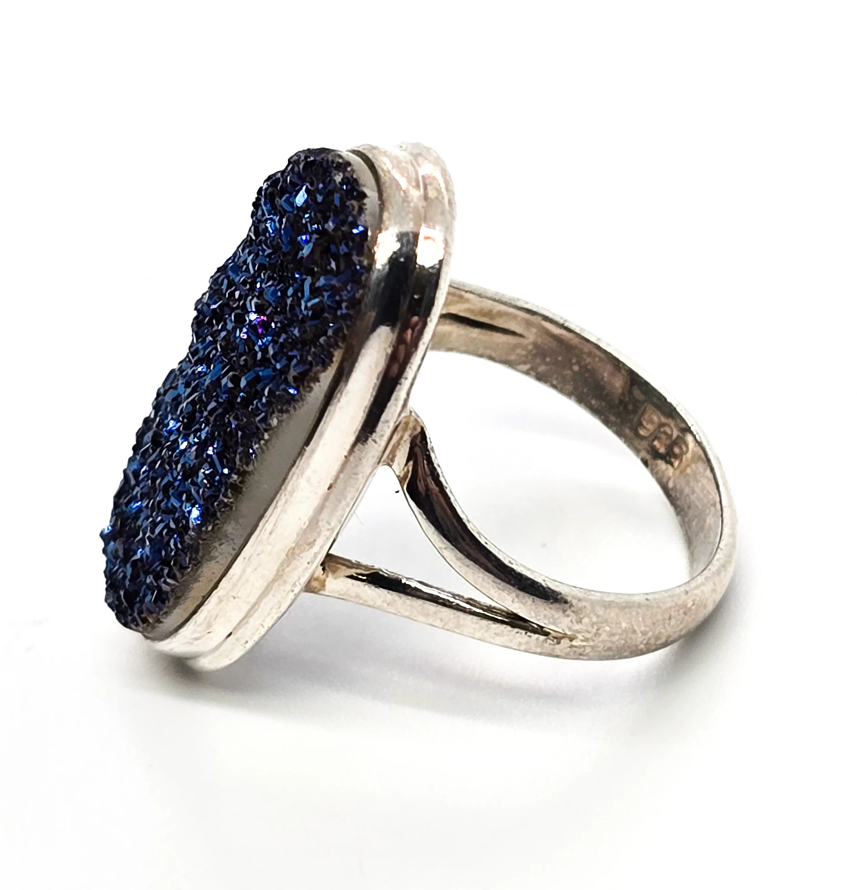Peacock Druzy Titanium Aura Quartz large sterling silver split shank ring size 7