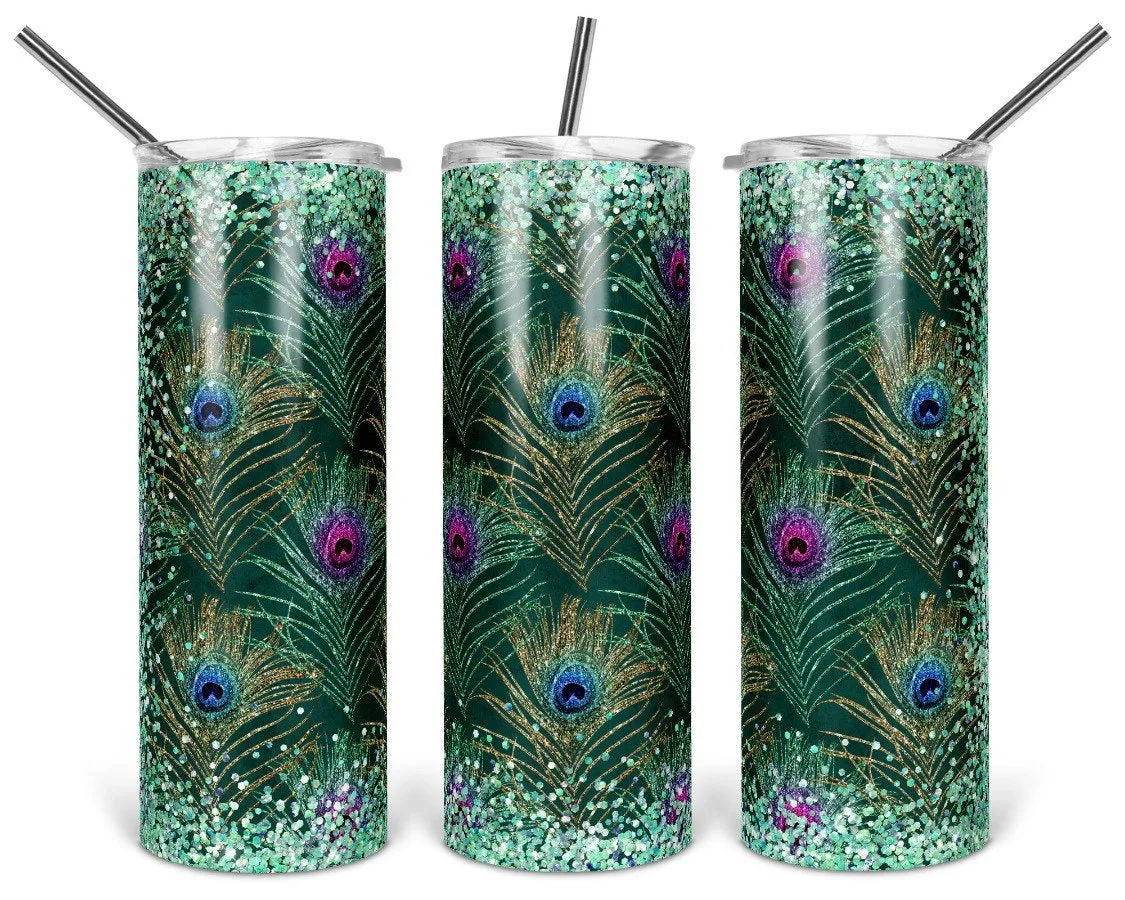 Peacock feathers and glitter- 20oz stainless steel Tumbler