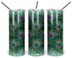Peacock feathers and glitter- 20oz stainless steel Tumbler