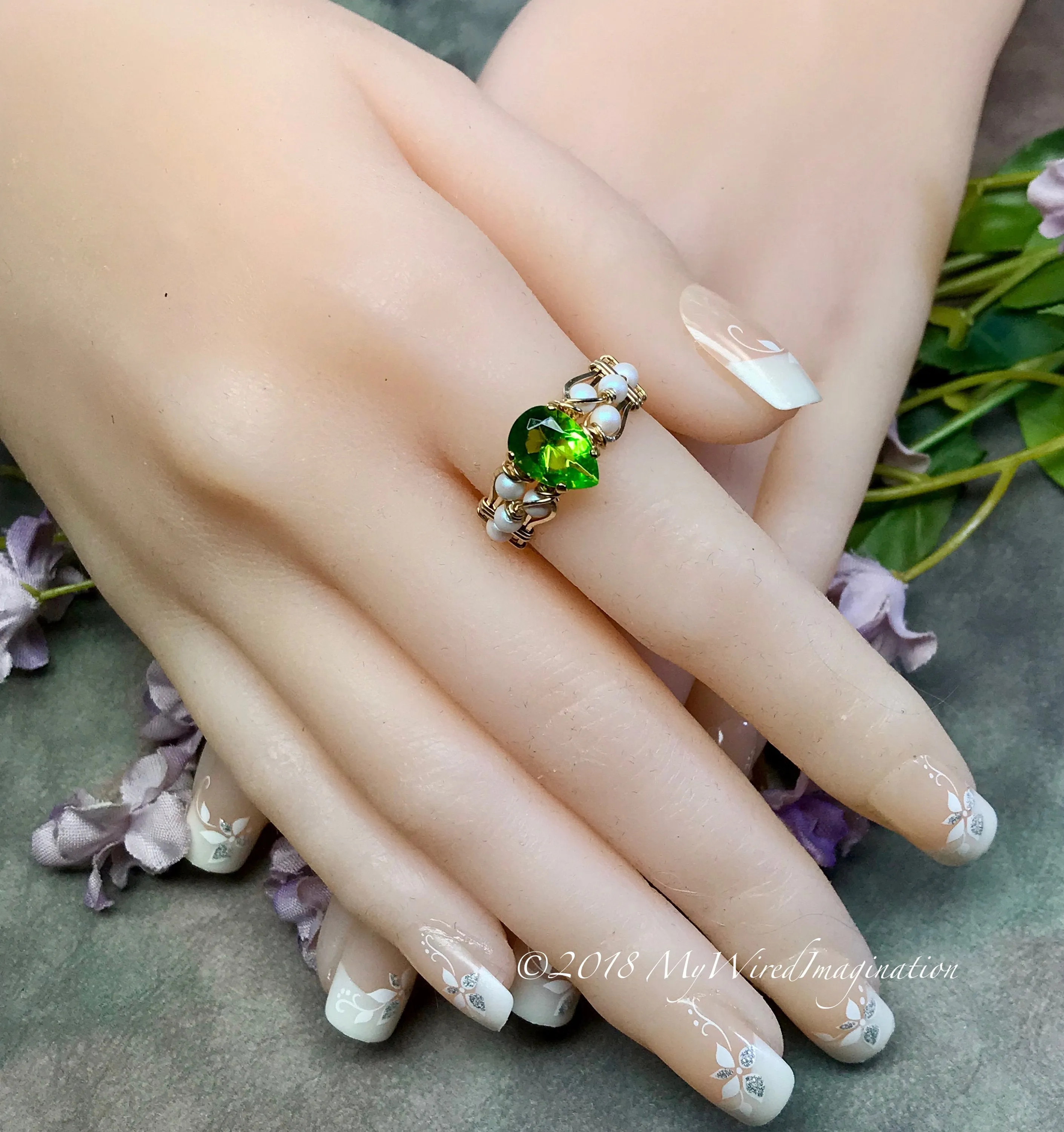 Pearl and Peridot, Handmade Ring in 14k GF, August Birthstone US Size 7