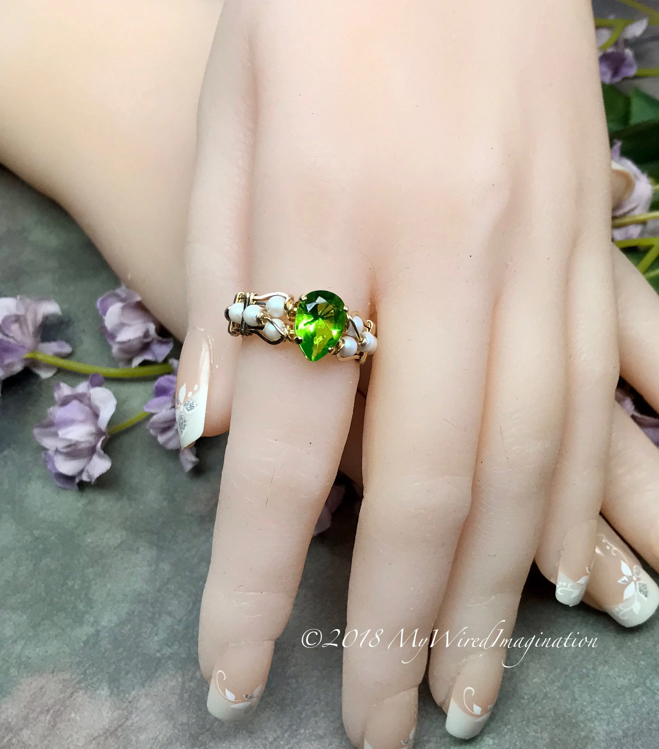 Pearl and Peridot, Handmade Ring in 14k GF, August Birthstone US Size 7