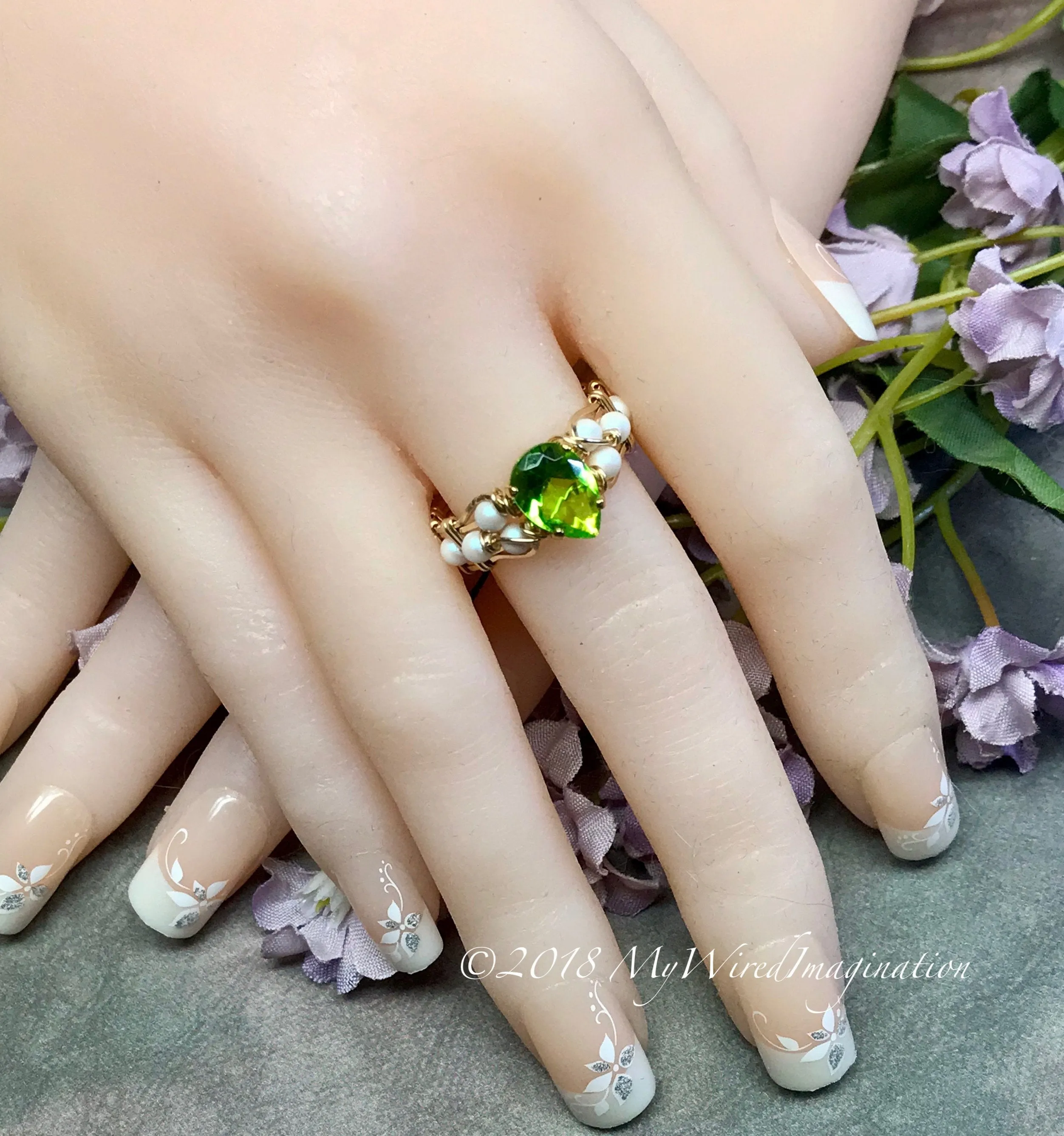 Pearl and Peridot, Handmade Ring in 14k GF, August Birthstone US Size 7
