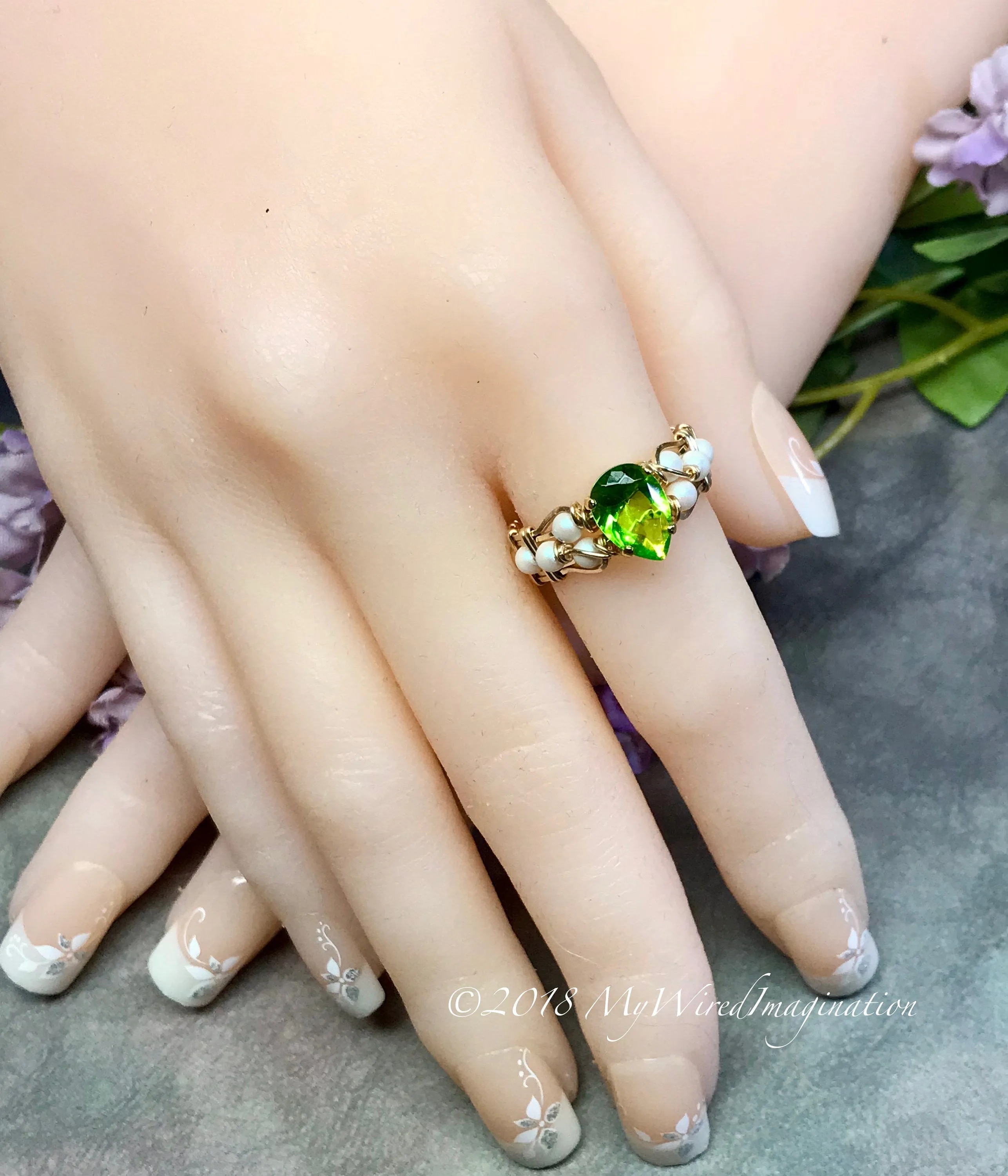 Pearl and Peridot, Handmade Ring in 14k GF, August Birthstone US Size 7