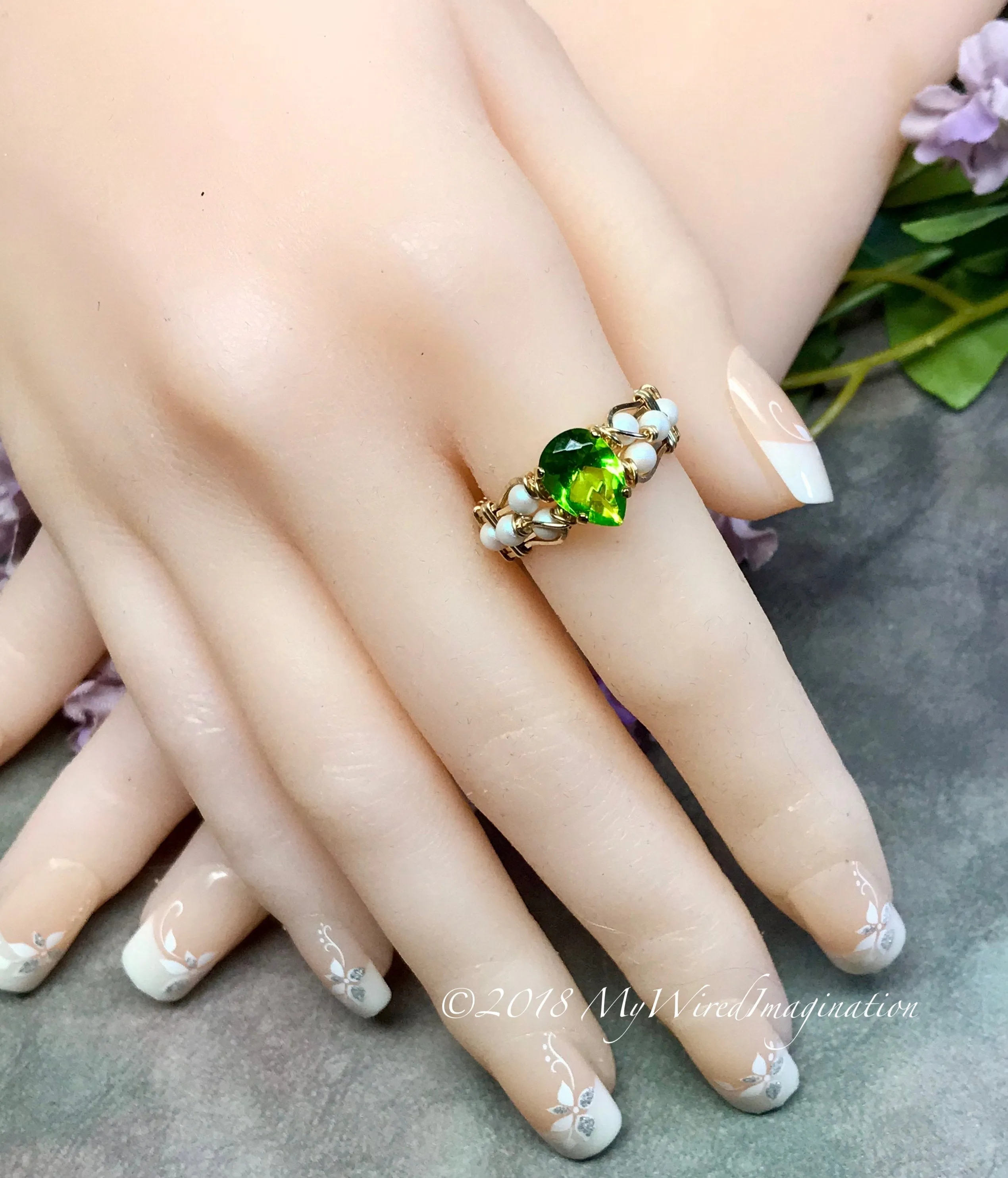 Pearl and Peridot, Handmade Ring in 14k GF, August Birthstone US Size 7
